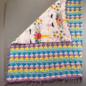 Handmade Crochet Baby Blanket Unicorn Fleece Lined Pastel Security Lovey 50x44